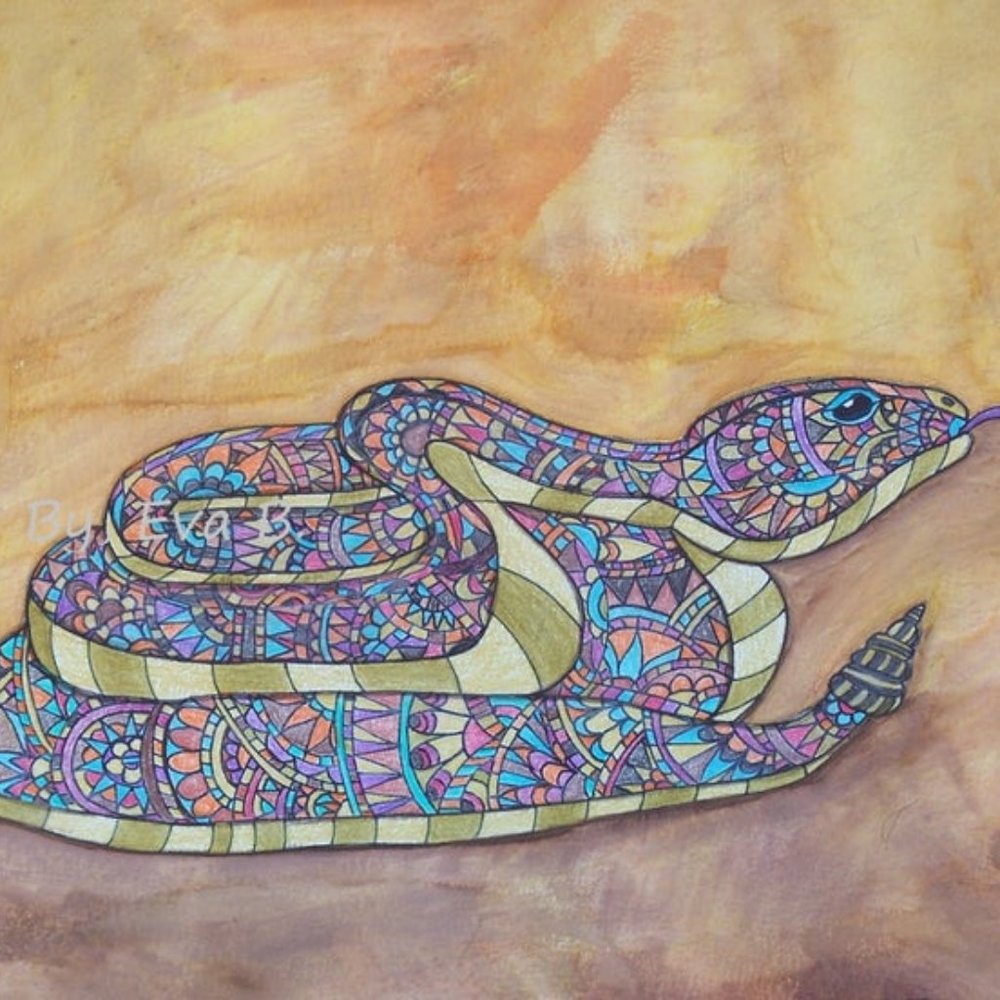 Handmade Drawing Painting Of A Floral Rattlesnake Multimedia Art On Paper 15x11